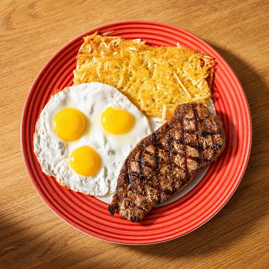10 Oz New York Steak + 3 Eggs.